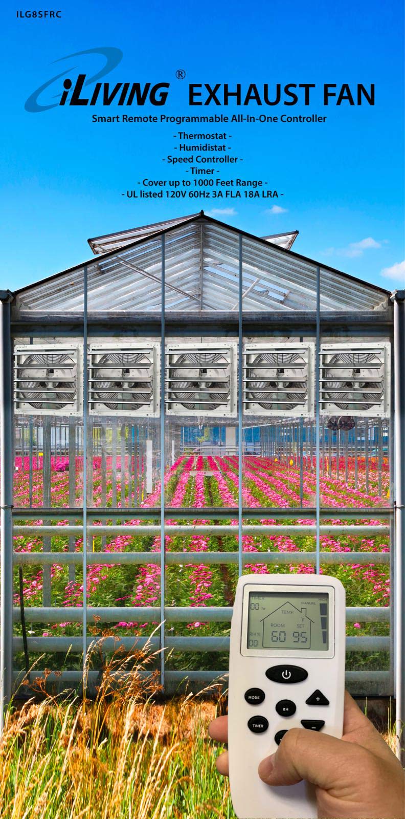 iLiving - Ventilador de Escape de Obturador de 12 Pulgadas con termostato inalámbrico Inteligente y Humedad Control Remoto, Ventilador de ventilación de ático montado en la Pared de Velocidad
