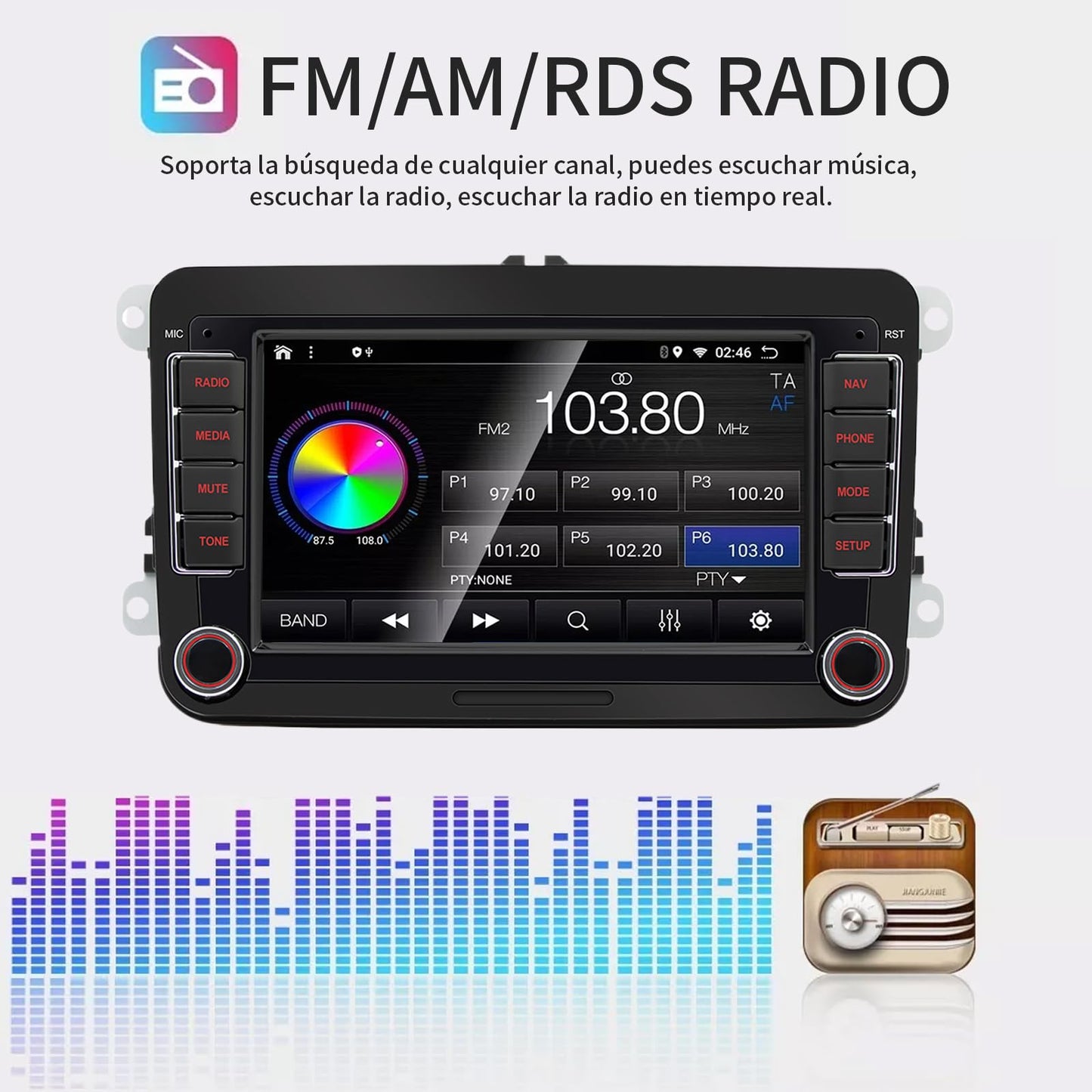 FINYQBET Estéreo para Auto W6060 de 7 Pulgadas, Radio Android con CarPlay y GPS Integrado, Compatible con Control de Volante y Cámara de Reversa, Pantalla Táctil HD para Vehículos de 12V