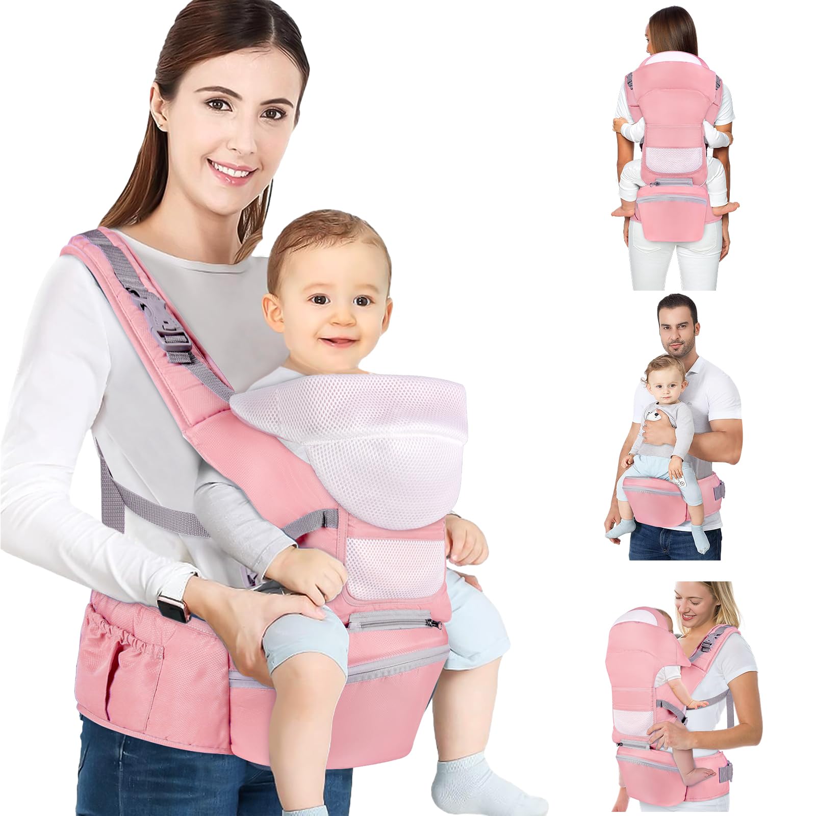 Portabebés Fular Cangurera Asiento de Cadera Ergonomico Ligero y Ajustable Rosa para Bebé de 0 a 36 Meses