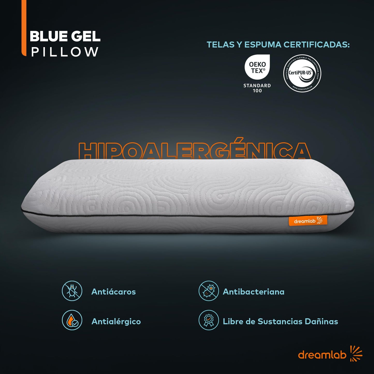 Almohada Dreamlab Azul Memory Foam con Gel y Funda de Bambú Hipoalergénica 2 Piezas Estándar