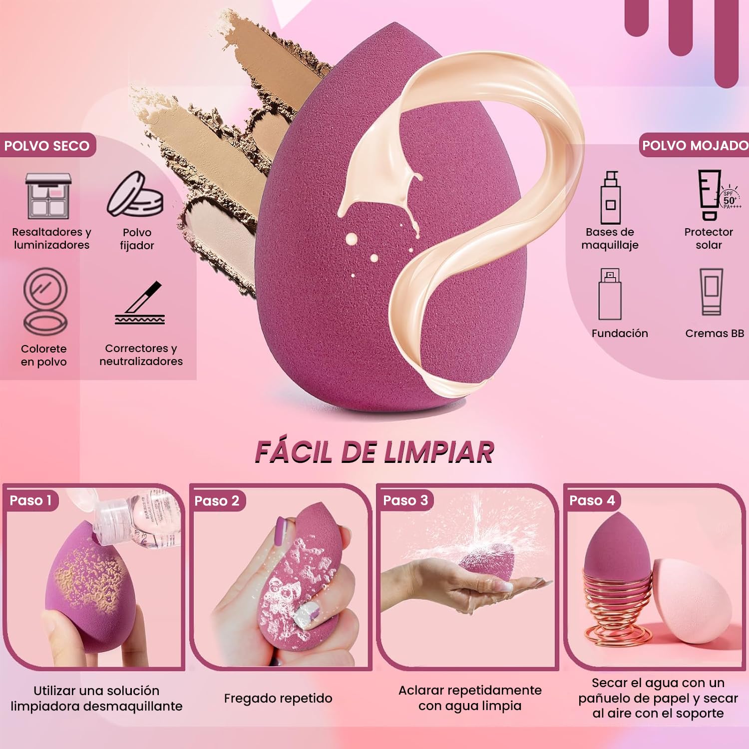 Esponja maquillaje beauty blender, set de 8 piezas, varias formas, uso húmedo y seco, ideal para maquillaje facial. Completa tu rutina con estas esponjas faciales de alta calidad en color rosa.