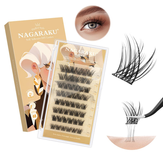 NAGARAKU Grupos De Pestañas Autoadhesivos Para 48 Pcs No Necesita Pegamento Ni Removedor Presión En Un Solo Paso Pestañas Reutilizables Prepegadas En Casa Fluffy Style SA-DIY-03(0,07mm C 10-16mm)
