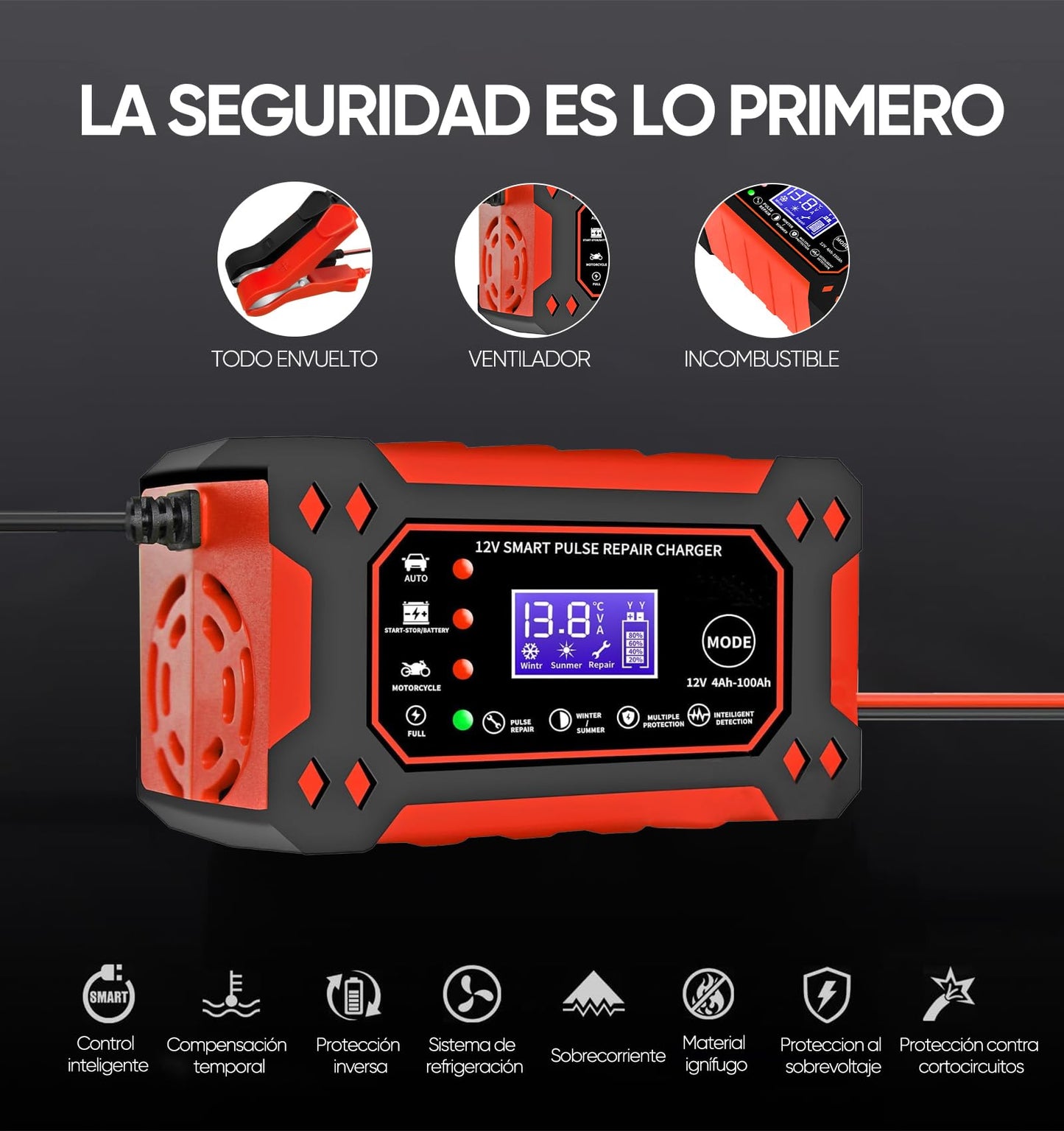 Cargador de Bateria de Auto 12V 6A,Portatil Cargador de Baterías Automático Coche Moto SUV,LCD Pantalla,Múltiples Protecciones,Ajuste Inteligente de Corriente para Cargar y Proteger Batería,ATVs,RVs