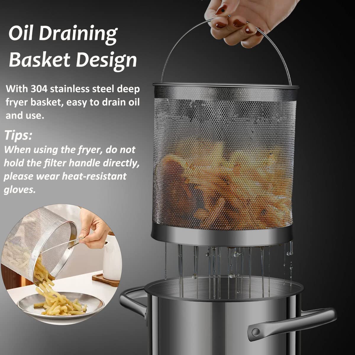 Freidora profunda de acero inoxidable 304 con cesta de colador de aceite y termómetro, olla de 168 onzas para freír tempura, papas fritas, pescado y pollo
