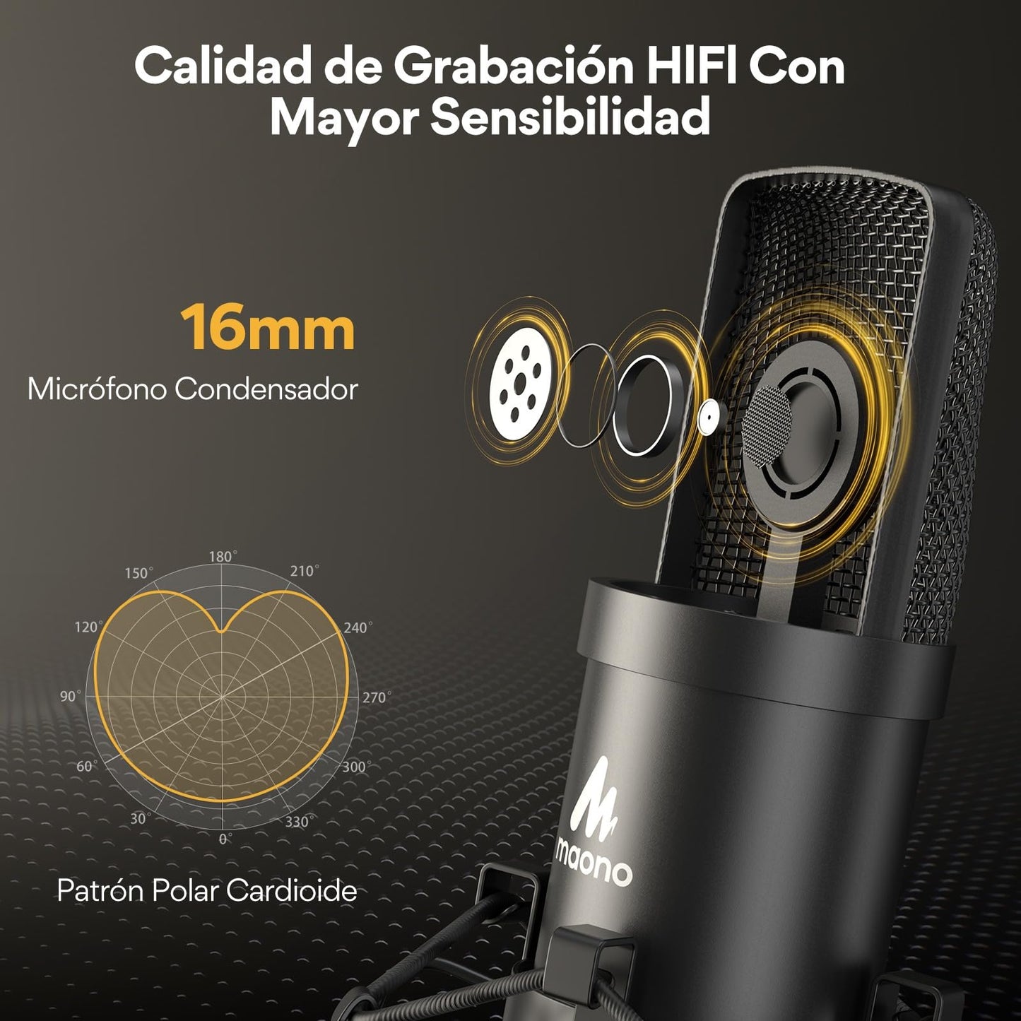 MAONO Kit Micrófono USB Condensador, Mic Cardioide con Chipset de Sonido Profesional 192KHZ/24BIT Plug & Play para PC, Mac, PS4, Microfono para Gamer, Streaming, Podcast, Youtube, Grabación(AU-A04)