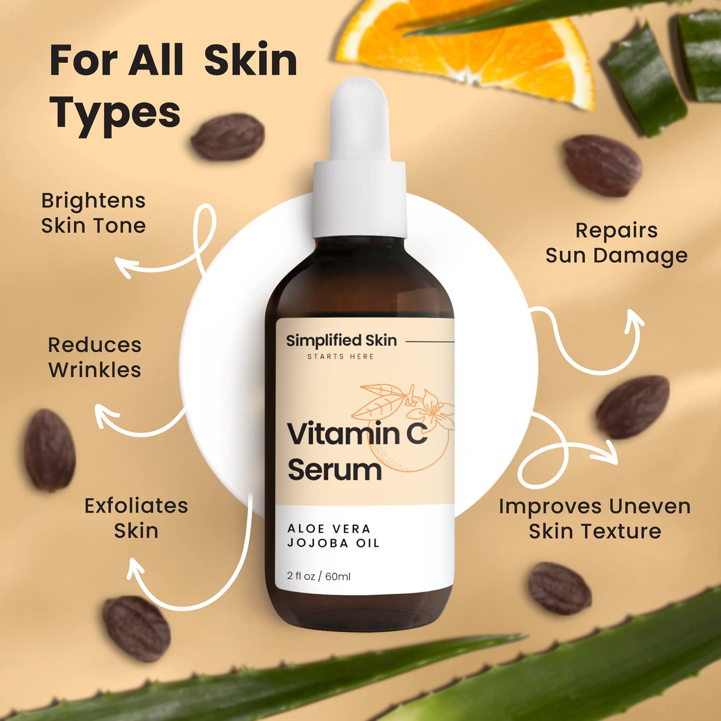 Sérum de vitamina C 20% para cara y ojos (2 onzas), tratamiento antienvejecimiento, arrugas, acné y manchas oscuras con ácido hialurónico y suero facial antioxidante de Simplified Skin