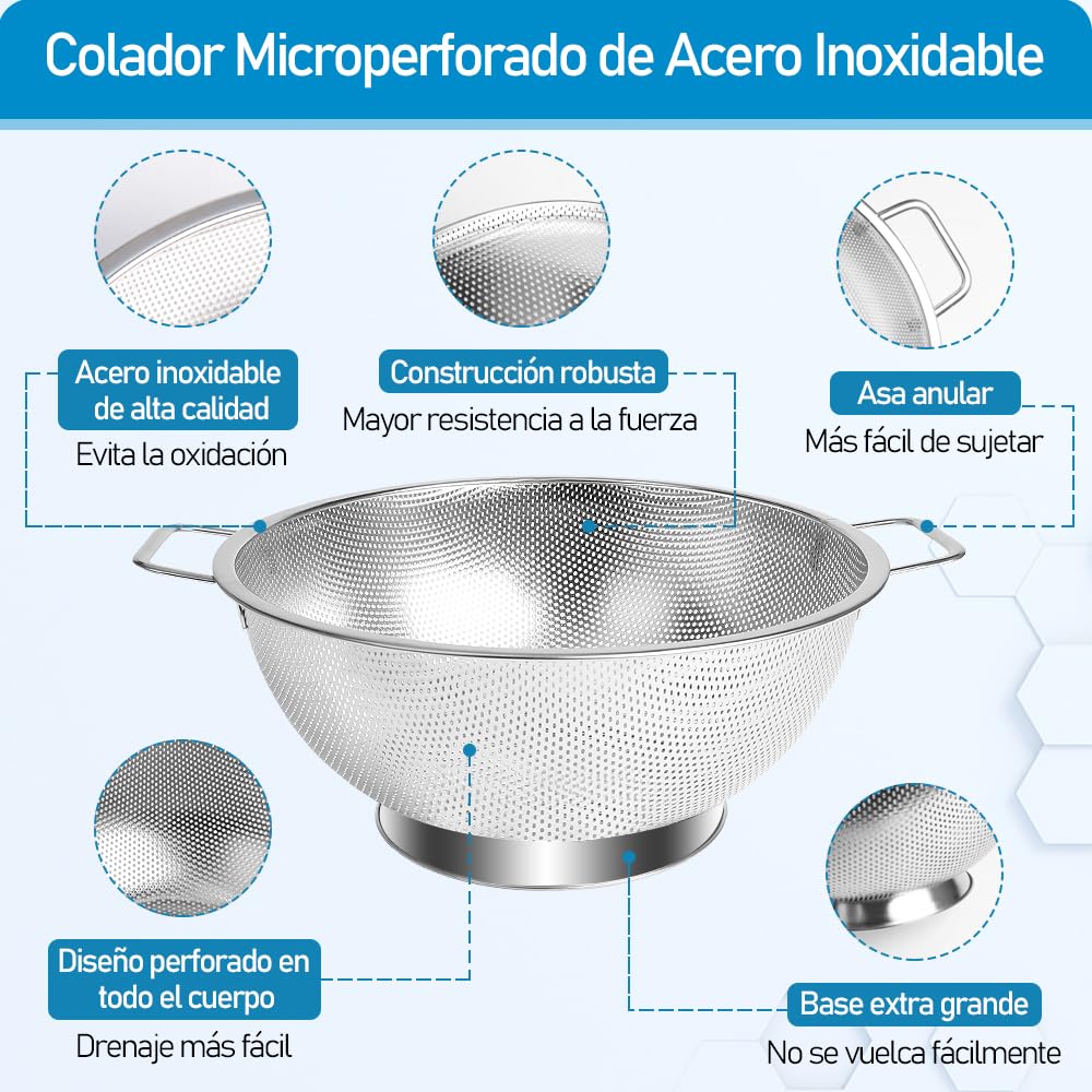 Bulaned Colador Microperforado de Acero Inoxidable, Colador Microperforado con Mango, Escurridor de Comida, Colador de 5 Cuartos, Escurridor de Ollas para Cocinar, Coladores de Malla