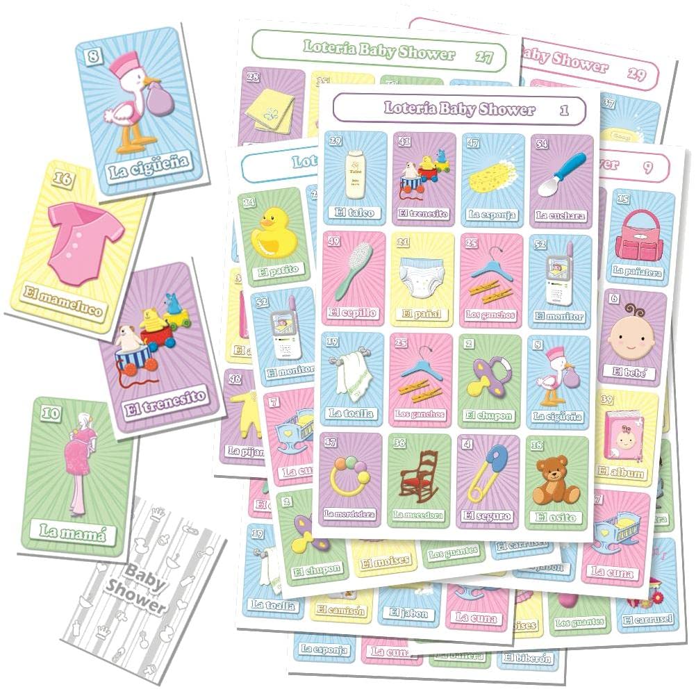 Juego de Loteria Baby Shower Impreso en Español, para 30 Jugadoras - 30 Tablas y Barajas
