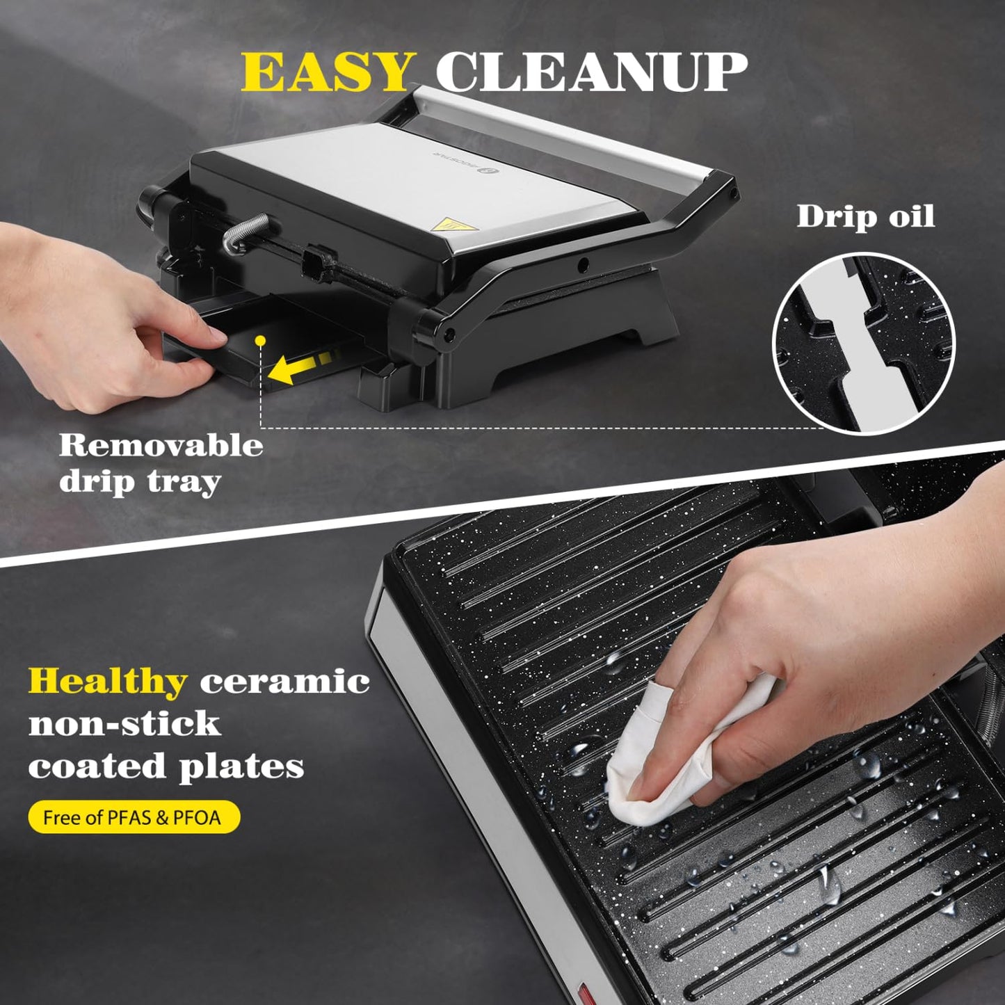 Aigostar Prensa Panini, 1200 W, Parrilla Eléctrica Interior, Placas de Cerámica Antiadherentes, Abre 180° para Adaptarse a Cualquier Tamaño de Alimentos, Negro