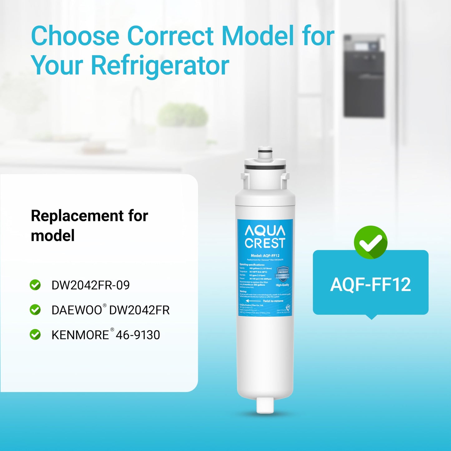 AQUACREST DW2042FR-09 Refrigerator Water Filter, Compatible with Daewoo DW2042FR, Kenmore 46-9130, DW2042FR-09, Aqua Crystal DW2042F-09