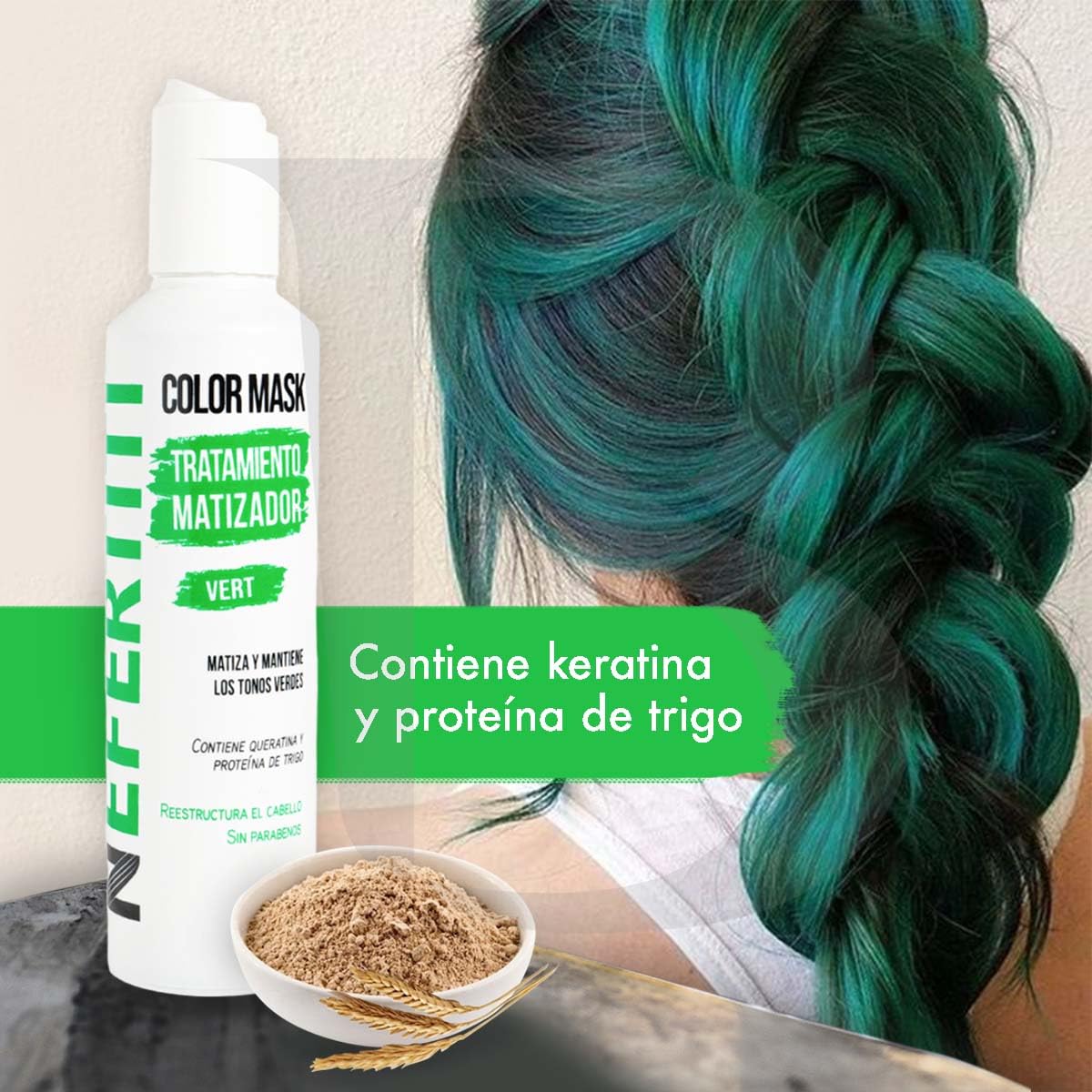 Tratamiento para el Cabello Nefertiti Vert Verde con Keratina y Proteína de Trigo Sin Parabenos