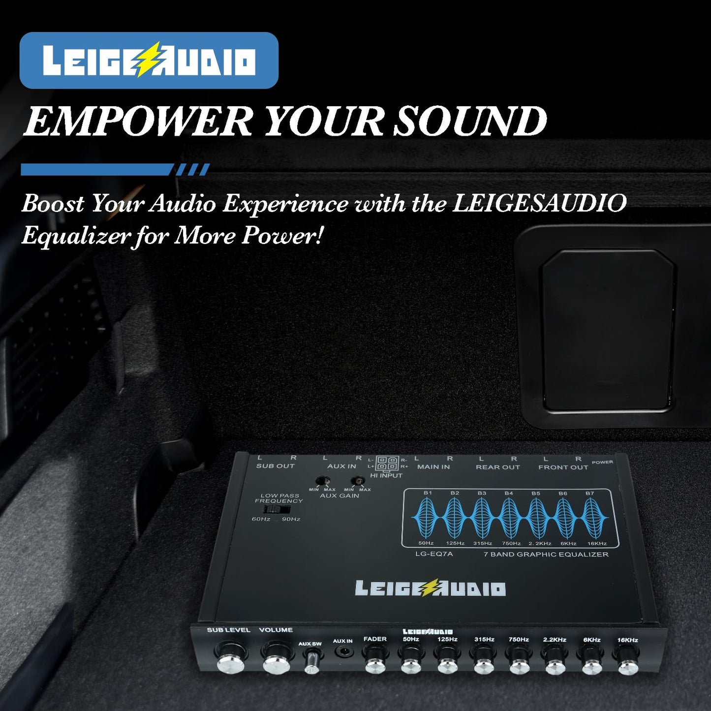 LEIGESAUDIO LG-EQ7A - Ecualizador gráfico de audio para coche de 7 bandas con entrada auxiliar frontal de 3,5 mm, salidas RCA de alto voltaje y entradas de altavoz de alto nivel