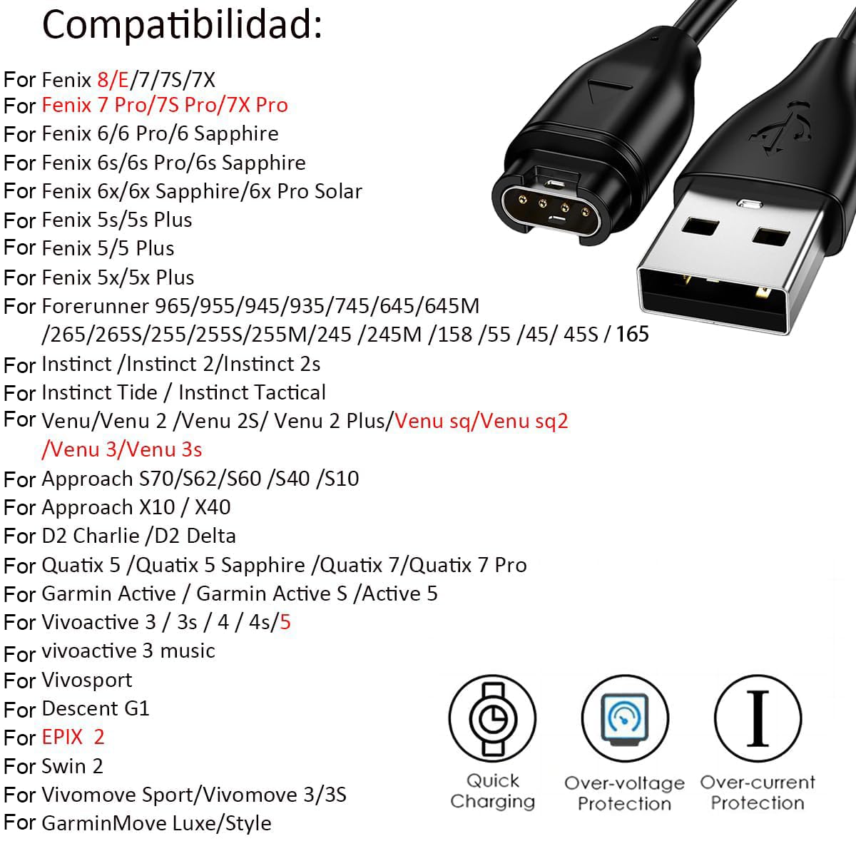 USTIYA Cargador para Garmin Fenix 8 E 7 7X 7s 6 6s 6X Pro Plus 5 5S 5X 5S Plus,Forerunner 165/965/955/945/935/265/255/245,Vivoactive 3 4,epix Gen 2,venu 3/3s/sq2 USB de Repuesto Smart Watch Cable