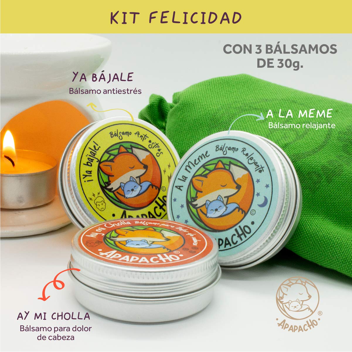 Kit de Bálsamos Apapacho 30g Felicidad, paquete de 3