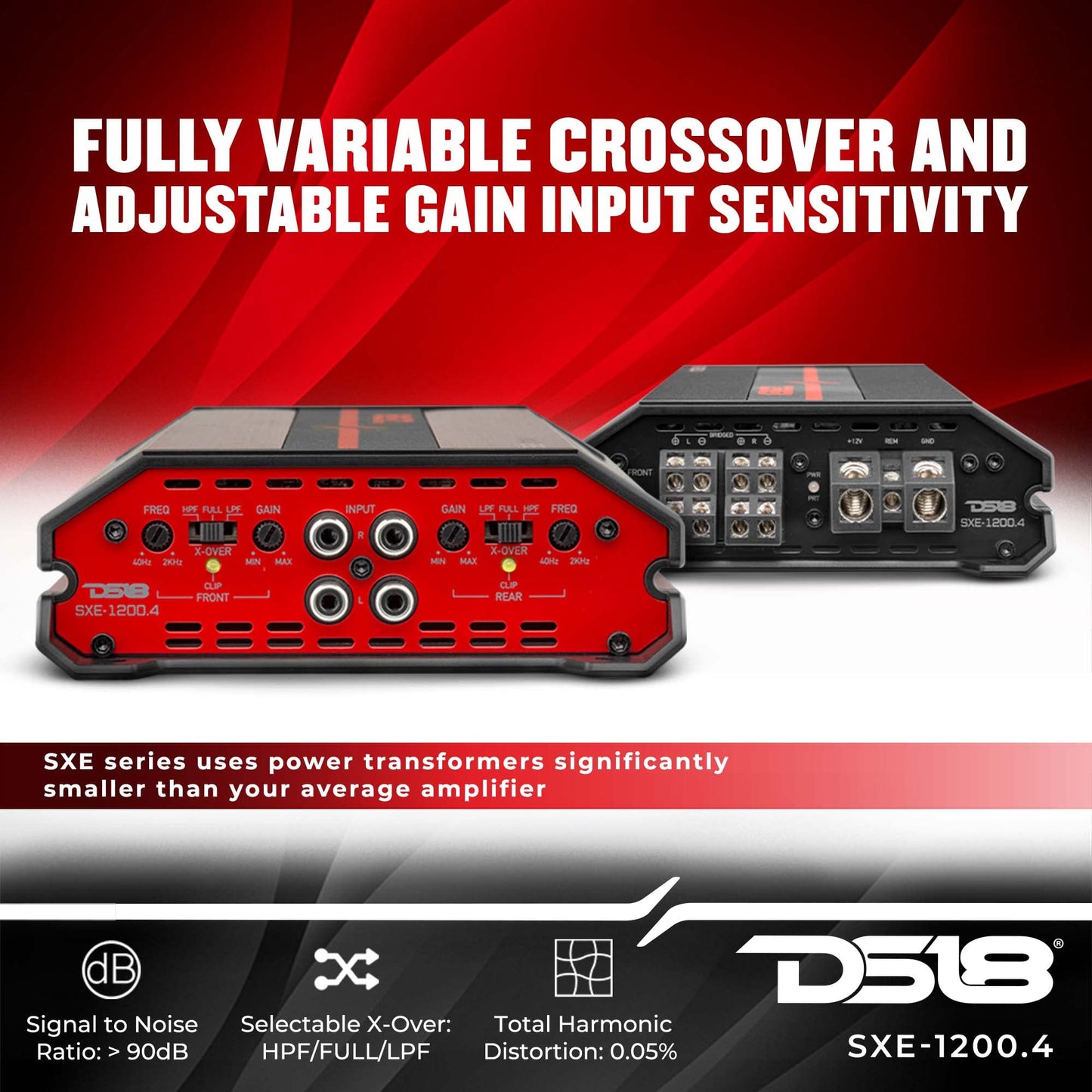 Amplificador Estéreo DS18 Rojo Clase A/B 4 Canales 1200 Vatios para Coche