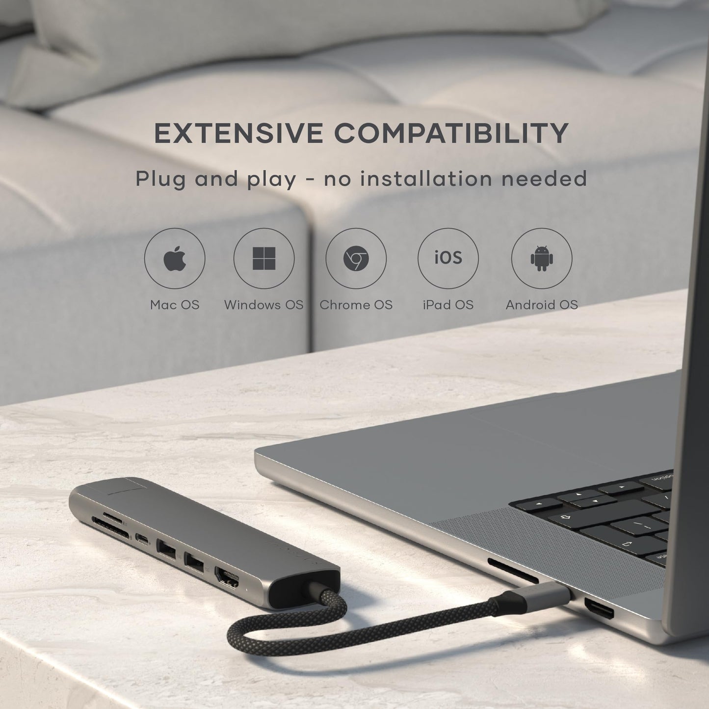 Adaptador USB-C Satechi Gris Espacial 7 en 1 con HDMI 4K y Carga PD 100W para MacBook Pro/Air, iPad, iPhone, Windows