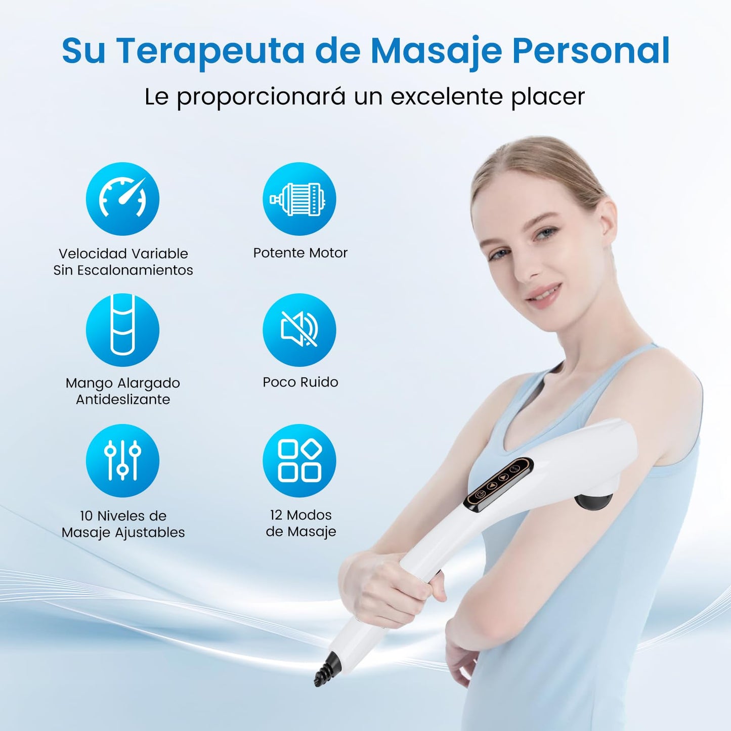 Masajeador de Espalda,Masajeador Electrico para Alivio del Dolor Muscular,Masajeadores de Mano con Diseño Ergonómico,10 Modos,12 Velocidades y 6 Cabezales de Masaje,Masaje para Espalda,Pierna y Cuello
