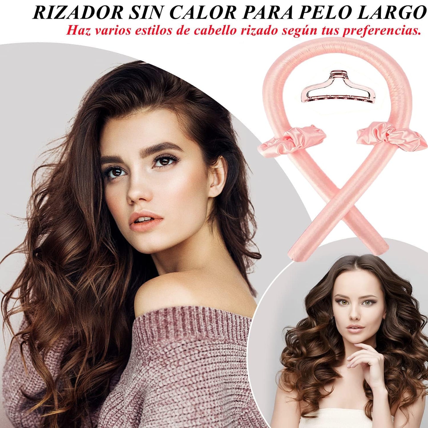 Rizador Pelo Sin Calor, Rulos Flexibles para Rizar Pelo Ondas, con Pinzas para el Cabello y Coletero, Kit de Herramientas de Peinado de Pelo de Seda Suave, Sin Daños, Sin Calor - Rosa
