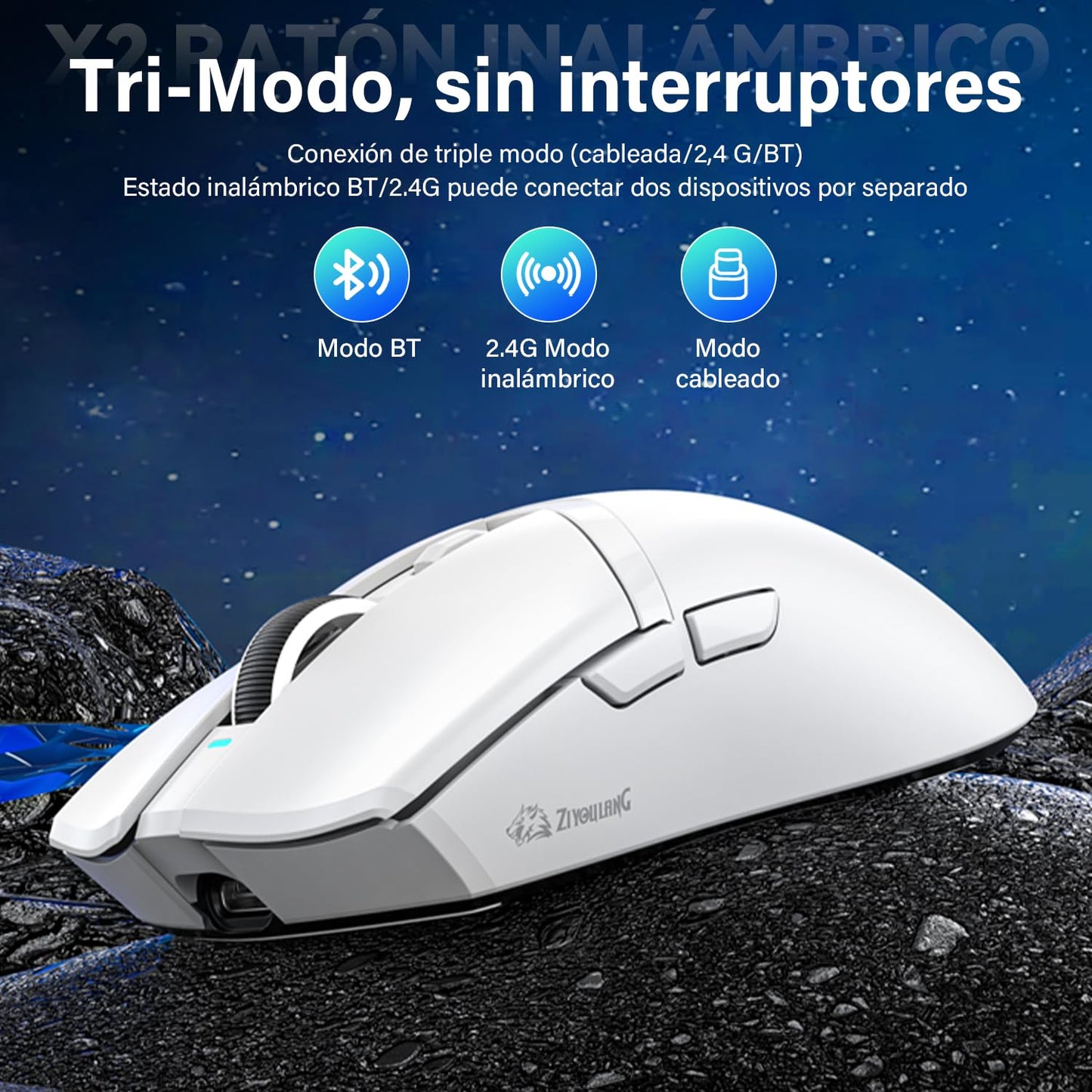 Free wolf X2 Mouse Inalámbrico con RGB Cargador, Mouse Gamer con 3 Modos de Conexión(2.4G/Type-c/BT), 24000DPI, con 7 Botones Programables para PC/Mac(Blanco)