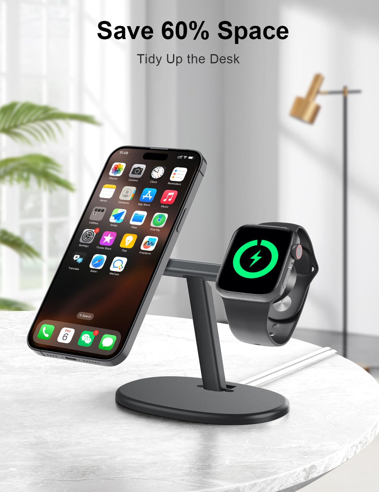Soporte de Carga EWA MagSafe Negro con Ángulo de Visión Ergonómico para iPhone y Apple Watch