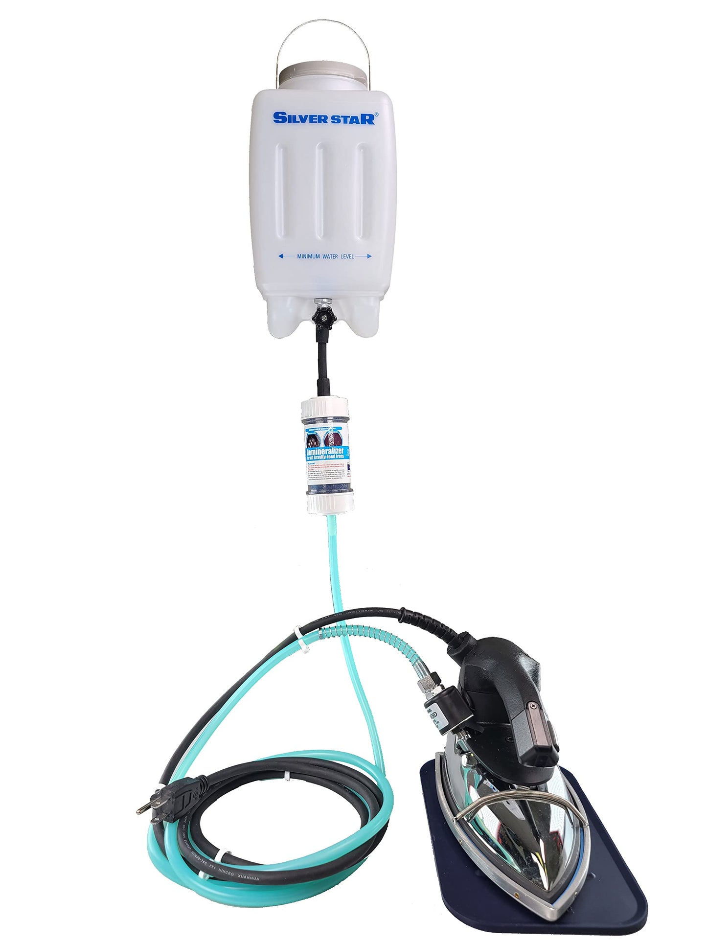 Silver Star ES-90A Plancha de vapor - Botella colgante alimentada por gravedad de 110 voltios, plancha con suela laminada antiadherente, cartucho desmineralizador, soporte de hierro de silicona y