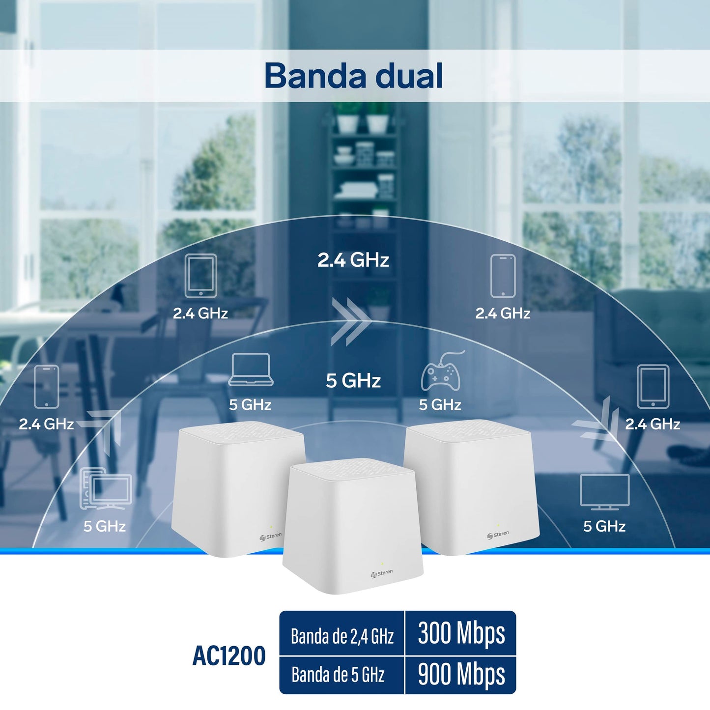 STEREN MESH-300 Sistema Smart Wi-Fi Mesh Triple, 2,4 GHz y 5 GHz (B/G/N/A/AC/V/R), hasta 900 Mbps, 2 Puertos LAN Fast Ethernet por Cada módulo, Color Blanco, gestión Desde App