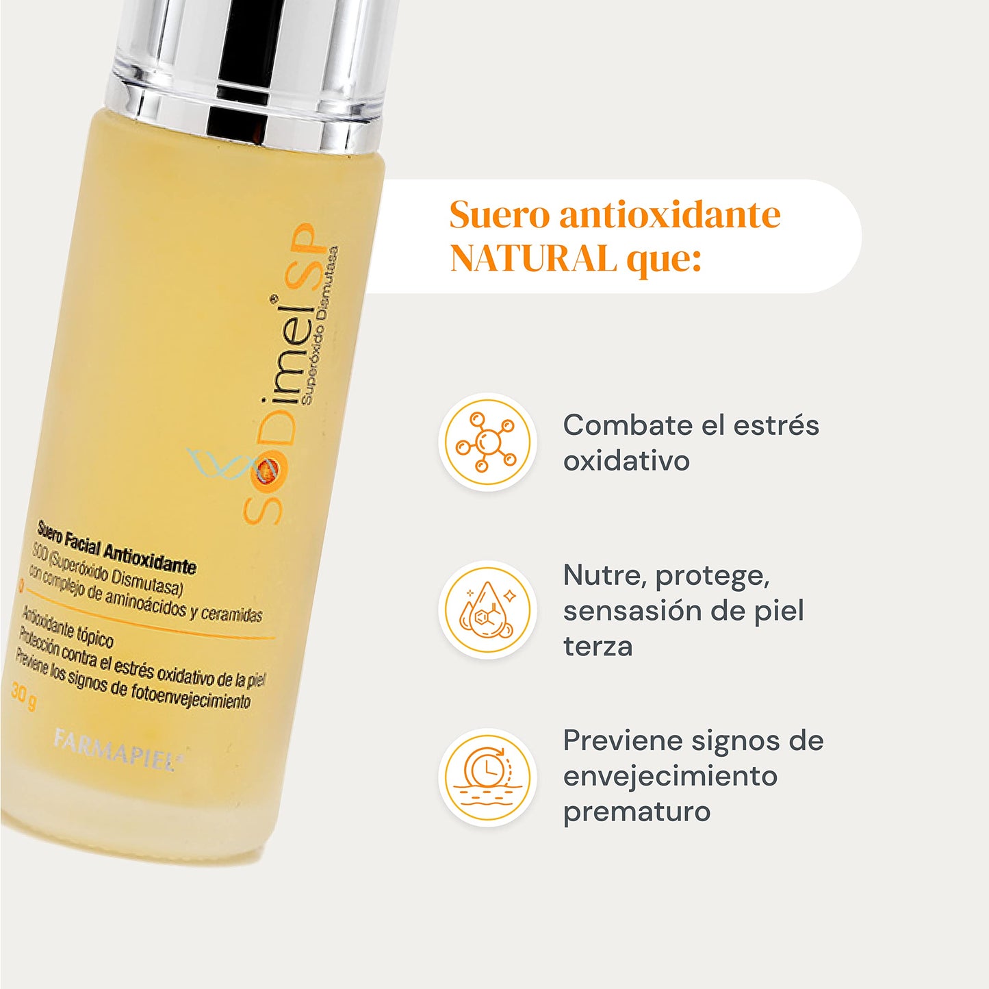SODIMEL Suero Facial Antioxidante | Tratamiento Auxiliar para el Estrés de la Piel | Previene Daños Solares, Nutre e Hidrata la Piel | 30 gr