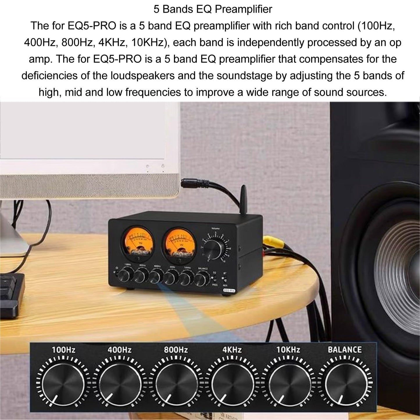 Ecualizador de Preamplificador Yunseity Negro Bluetooth 5.0 para Automóvil con Medidor VU