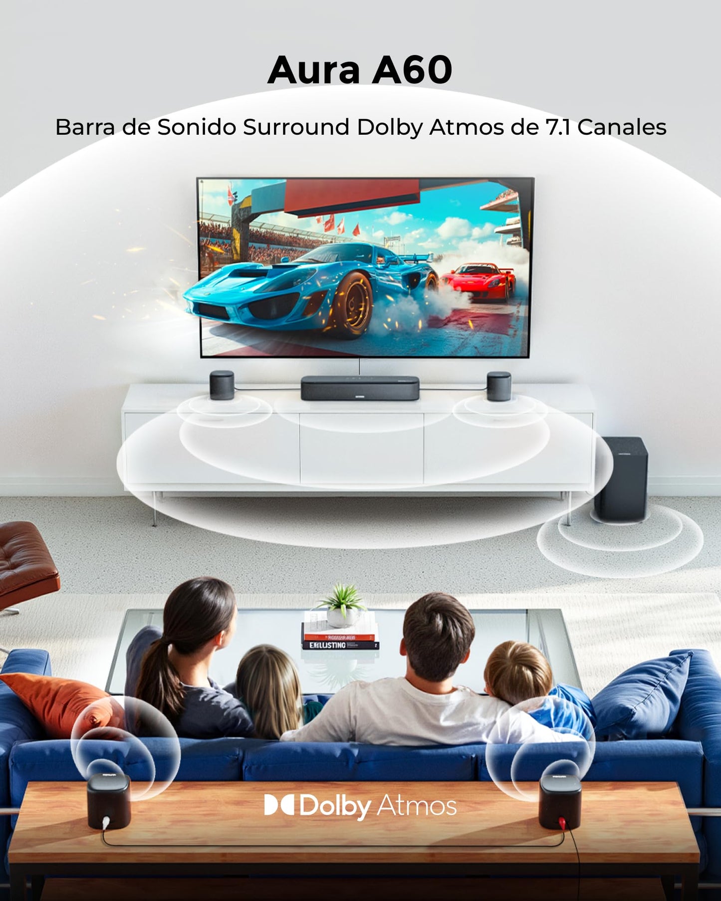 ULTIMEA 7.1CH Barra de Sonido con Dolby Atmos, Subwoofer para Teatro en Casa, Sistema de Audio Envolvente para TV con 4 Altavoces Satélite, Control por App, HDMI eARC, Aura A60