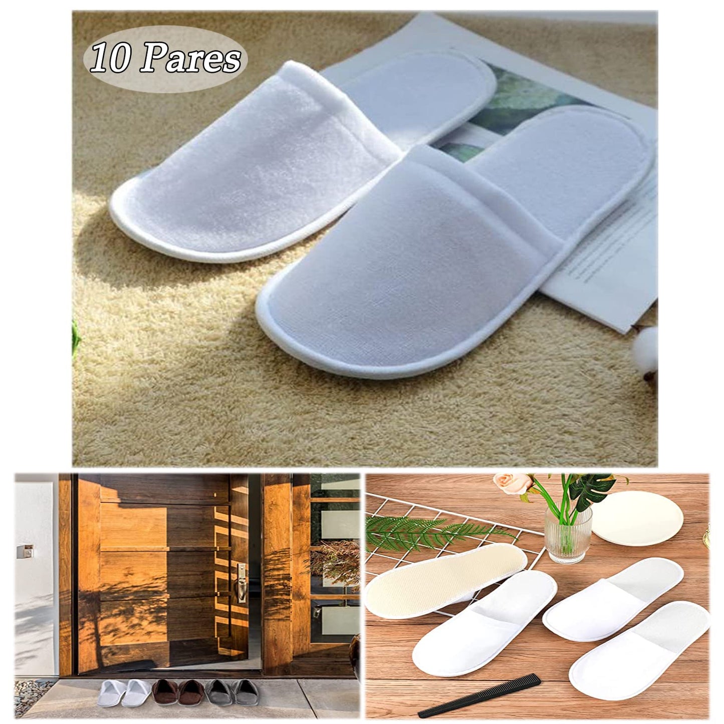 Pack de 10 Pares de Pantuflas Desechables para Spa - Cómodas y Antideslizantes - Ideal para Hogar, Viajes, Fiestas y Hoteles - Talla Única (Blanco)