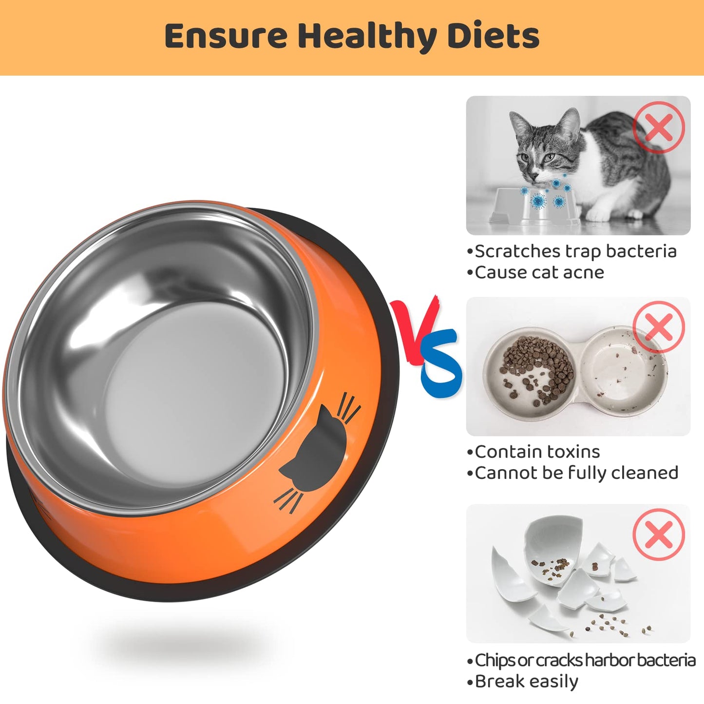 Legendog Cat Bowl Pet Bowl Stainless Steel Cat Food Water Bowl Non-Slip Rubber Base Small Pet Bowl Cat Feeding Bowls Set of 3