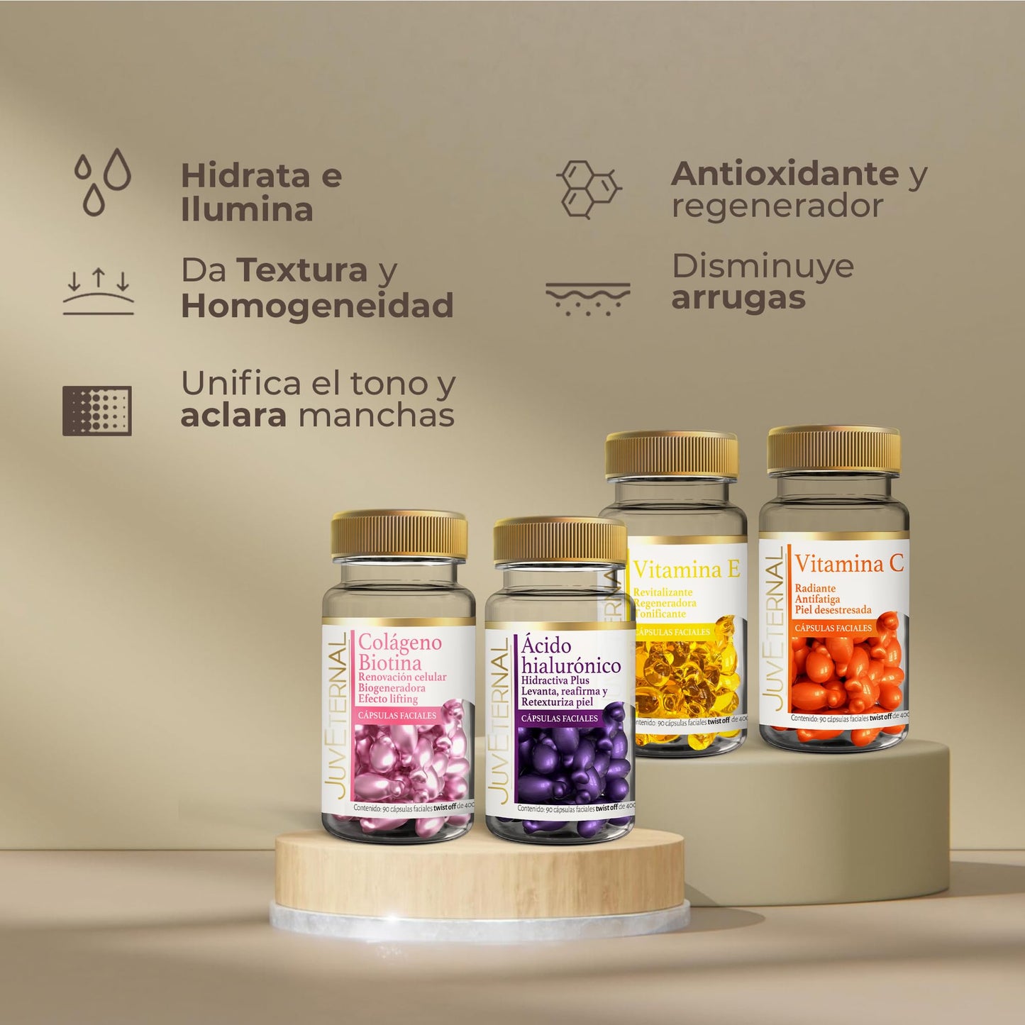 JUVETERNAL KIT Cápsulas Faciales Colágeno Biotina + Cápsulas Faciales Ácido Hialurónico + Cápsulas Faciales Vitamina E + Cápsulas Faciales Vitamina C