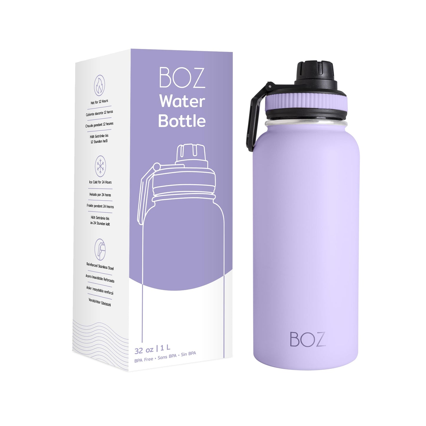 BOZ Botella de agua de acero inoxidable XL (1 L / 32 onzas) de boca ancha, botella de agua de metal sin BPA, botella de agua aislada al aspiradora de doble pared, botella de agua deportiva, botella de