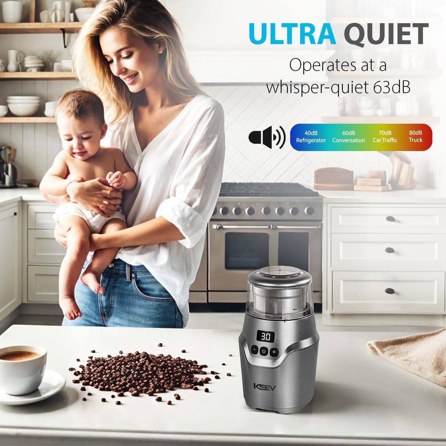 KSEV - Molinillo de café eléctrico con temporizador de visualización digital, molinillo de hierbas de 150 W, gran capacidad de hasta 12 tazas, silencioso, función de bloqueo de seguridad, taza