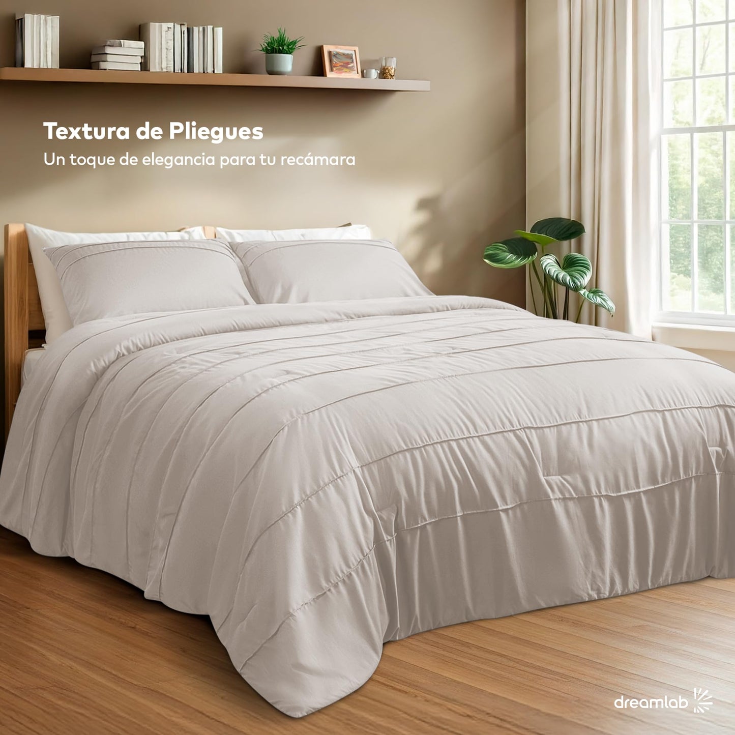 Juego Edredón Matrimonial Dreamlab Beige Ultra Suave Hipoalergénico Reversible Plisado Con Fundas de Almohada