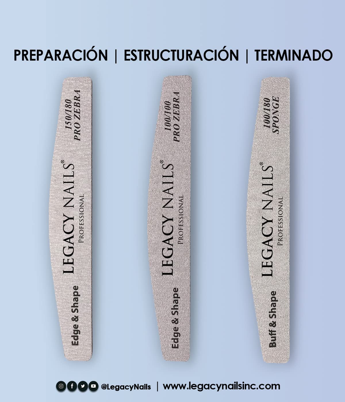 LEGACY NAILS- Legacy Nails 3 en 1 - Lima de uñas con esponja en forma de media luna 100/180 para pulir y dar forma - Lima de uñas Pro Zebra 100/100 Ed