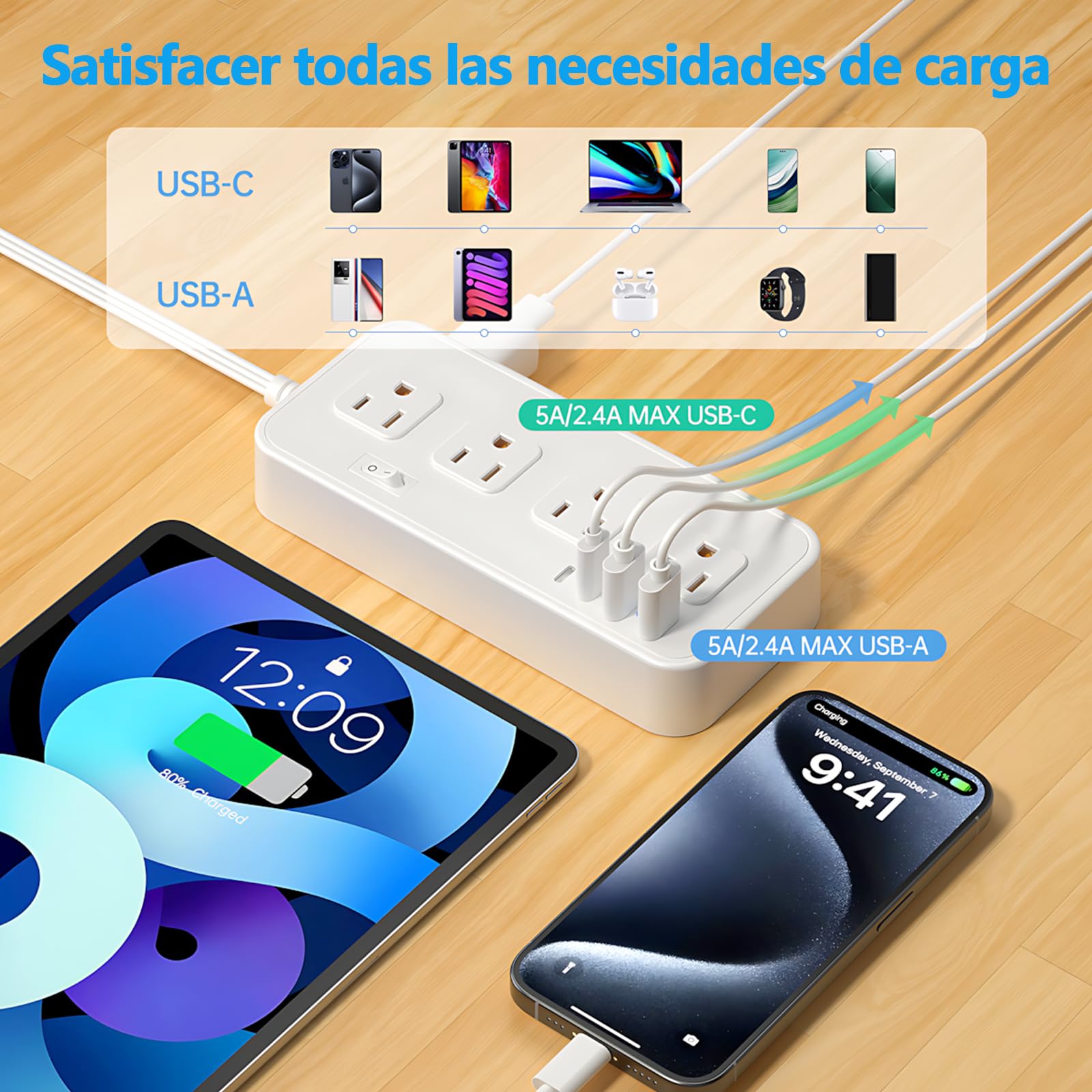 Multicontacto SSOUILI Blanco 12 en 1 con Protector de Sobretensión y Extensión Plana de 1.5M para Oficina en Casa