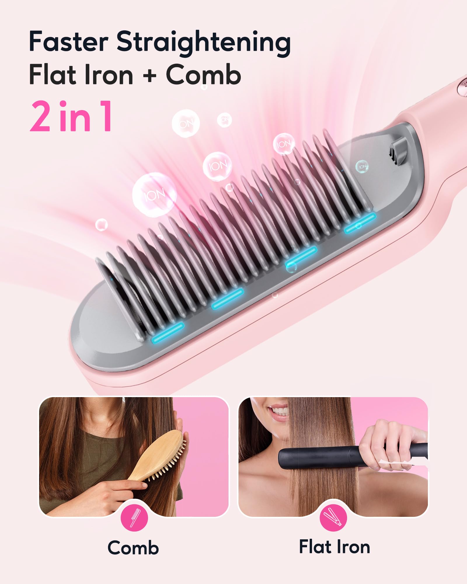 Wavytalk Cepillo alisador de pelo, cepillo iónico para alisar el cabello con 6 ajustes de temperatura, peine alisador de cerámica anticaldo, calentamiento rápido para salón en casa, rosa de