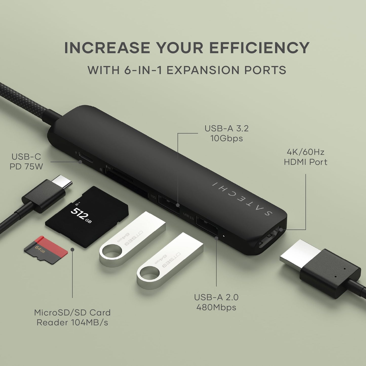 Adaptador USB-C Satechi Negro 6 en 1 con HDMI 4K, Carga PD y Lectores de Tarjetas