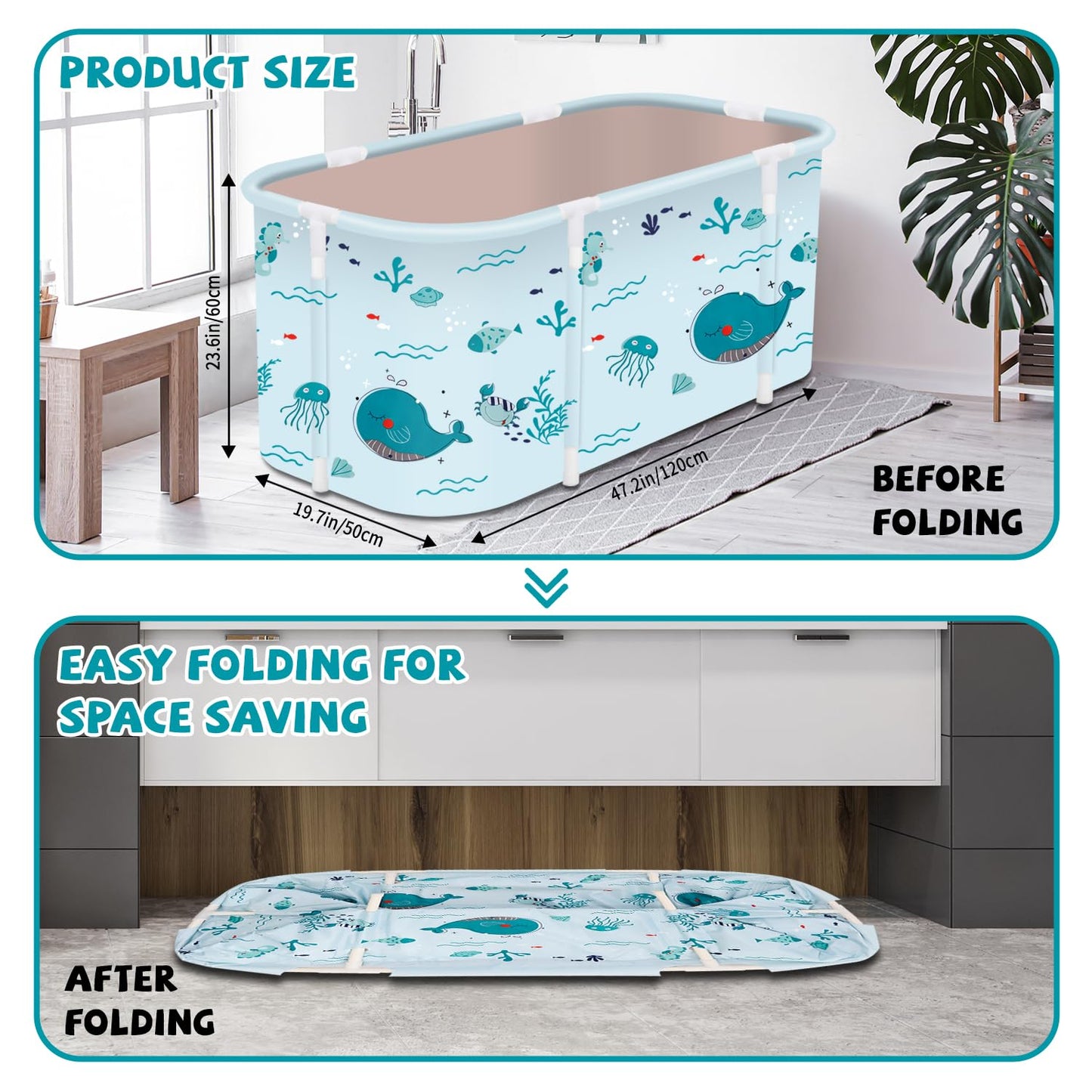 Bañera plegable portátil, bañera plegable para adultos, bañeras independientes, bañera de hidromasaje, bañera de hielo, baño familiar, SPA, 120 x 50 x 55 cm, peces