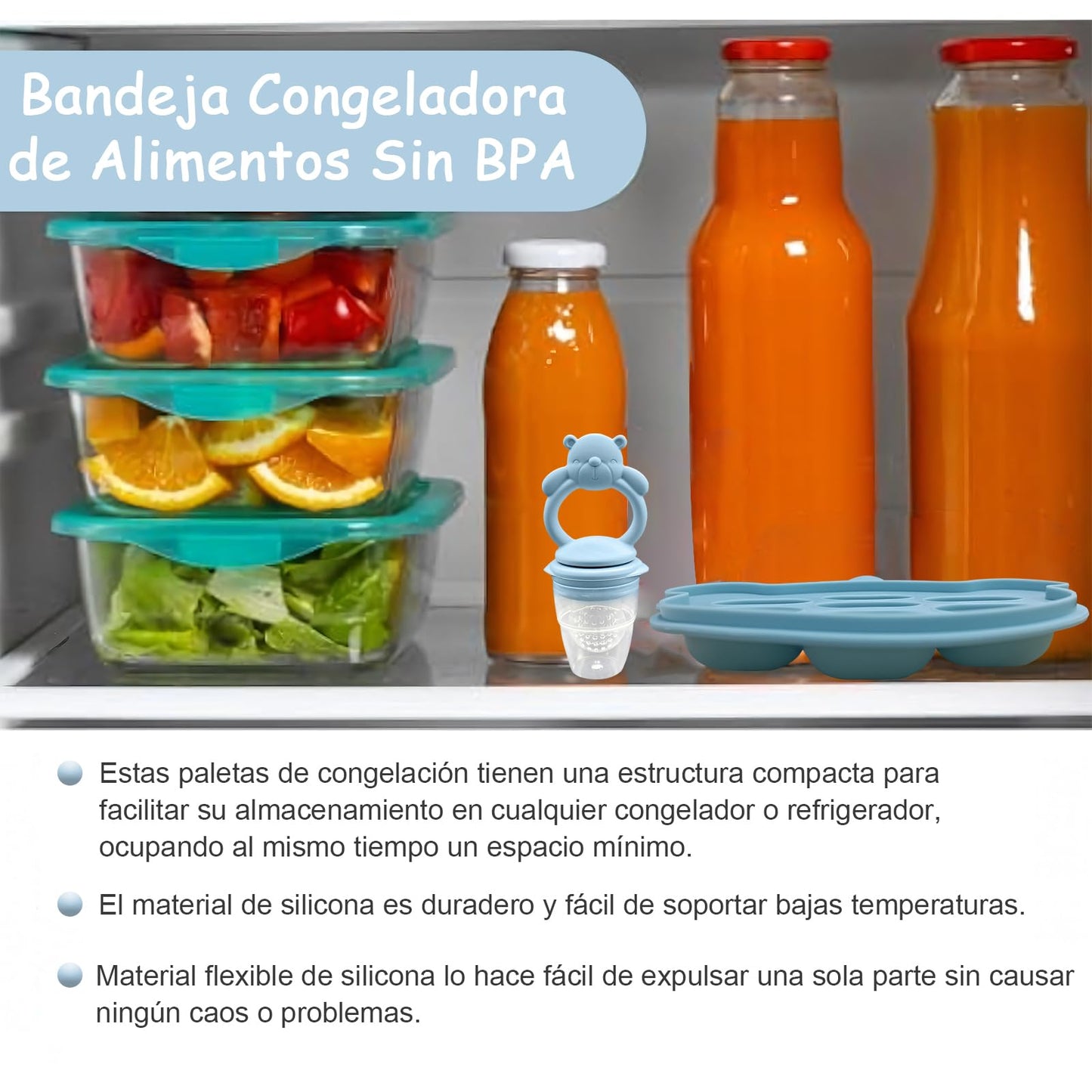 EHRHDKNS Bandeja Congeladora de Alimentos para Bebés Sin BPA, Adecuado para la Introducción Segura de Alimentos, Fruta y Papillas a Partir de los 4 Meses, Fortalece los Dientes del Bebé y le Ayuda a Comer Sano (Azul, Oso)