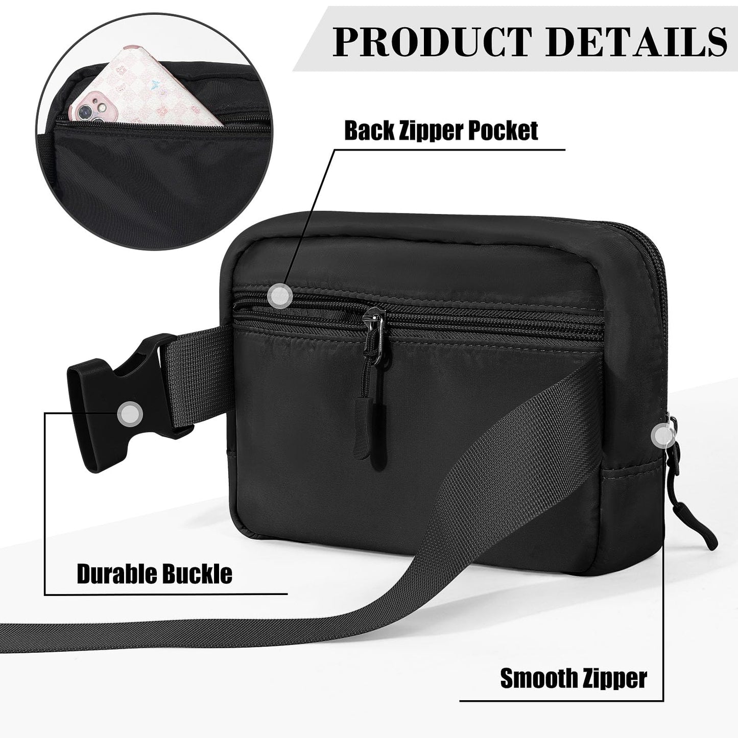 Cangurera para Hombre Mujer con Correa Ajustable Bolsa de Cintura Portátil y Resistente al Agua para Entrenamiento Correr y Viajar-Negro