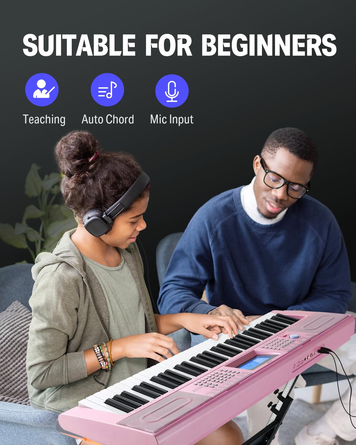 Donner - Teclado Piano de 61 teclas, kit de teclado eléctrico con 249 voces, 249 ritmos, incluye soporte para piano, taburete, micrófono, regalo para principiantes, rosa (DEK-610S)