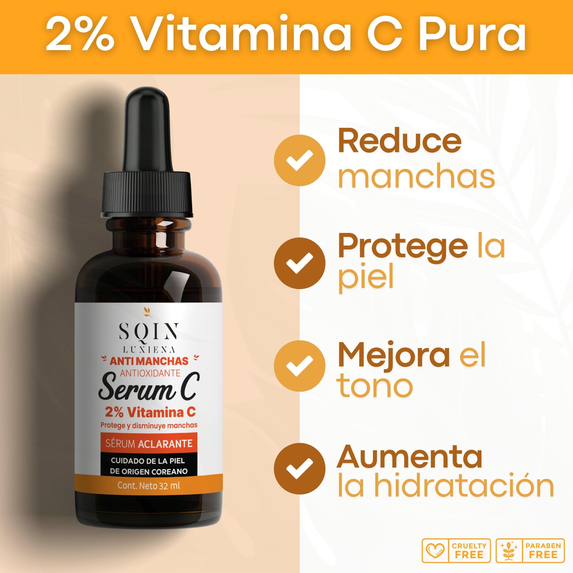 Sqin Luxiena Korean Serum de Vitamina C 2% y Ácido Hialurónico Facial. Aclara la Piel, Antimanchas facial + Antiarrugas + Antioxidante, Suero Facial de Día Vitamina C y Vitamina E, Skincare Coreano Vegano 32ml.