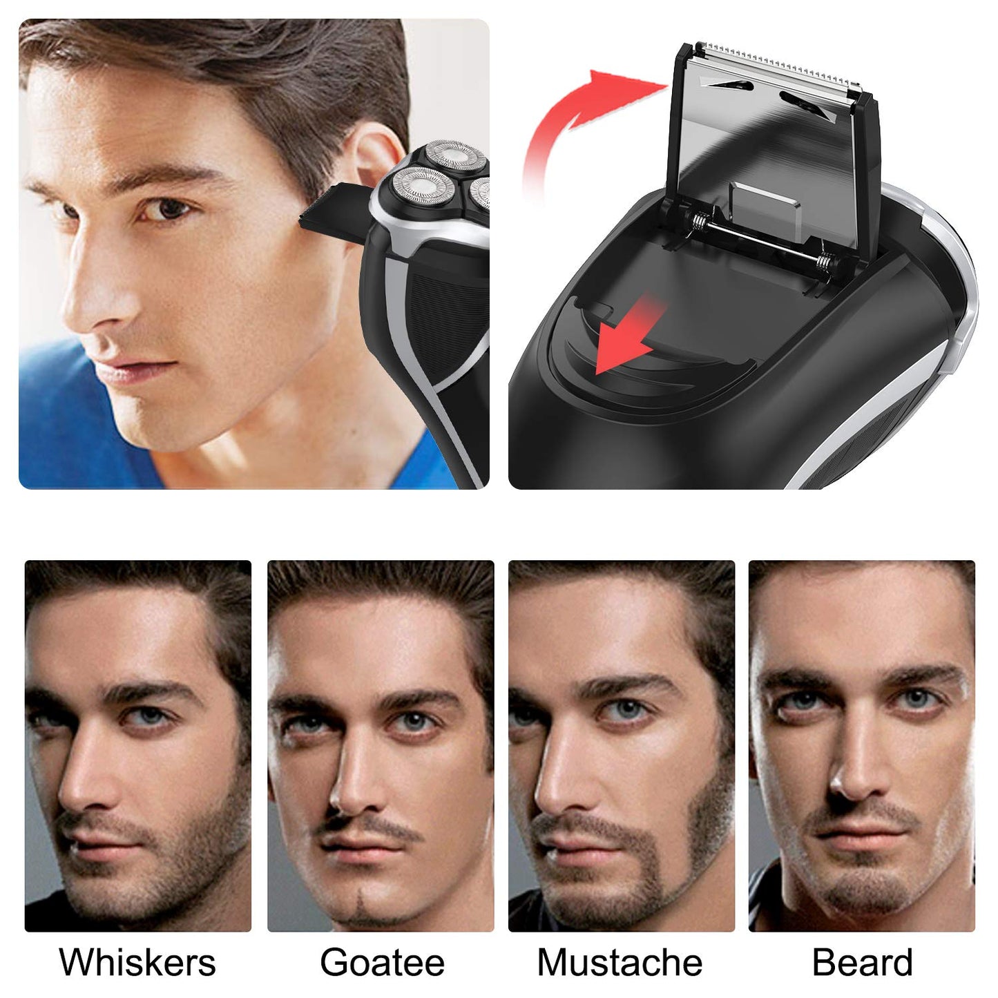 Afeitadora eléctrica para hombres - MAX-T Afeitadora rotativa 3D recargable con cable e inalámbrica para hombres con recortador de patillas emergente húmedo y seco con adaptador de pared 100-240 V