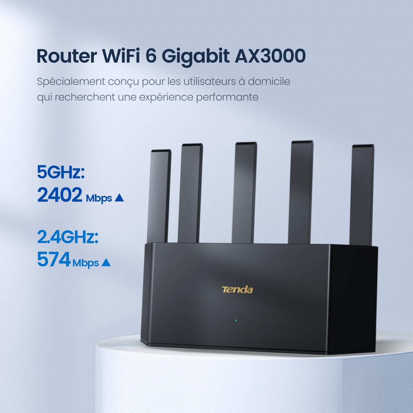 Router WiFi 6 AX3000Mbps Tenda Blanco con Diseño Vertical y 5 Antenas de Alta Ganancia