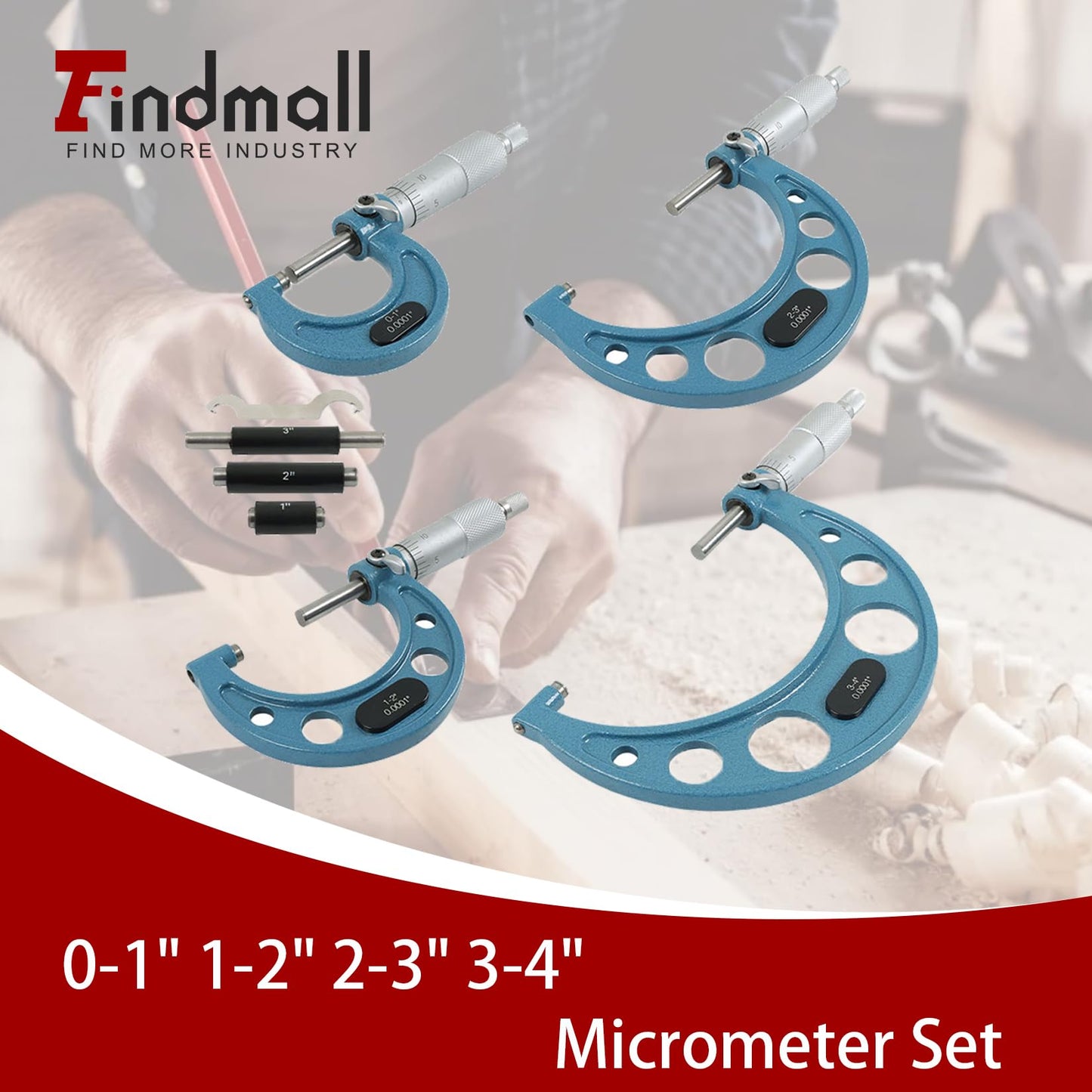 findmall - Juego de 4 micrómetros para exteriores de 0 a 4 pulgadas, 0 pulgadas, 0 a 1 pulgada, 1 a 2 pulgadas, 2 a 3 pulgadas, 3 a 4 pulgadas