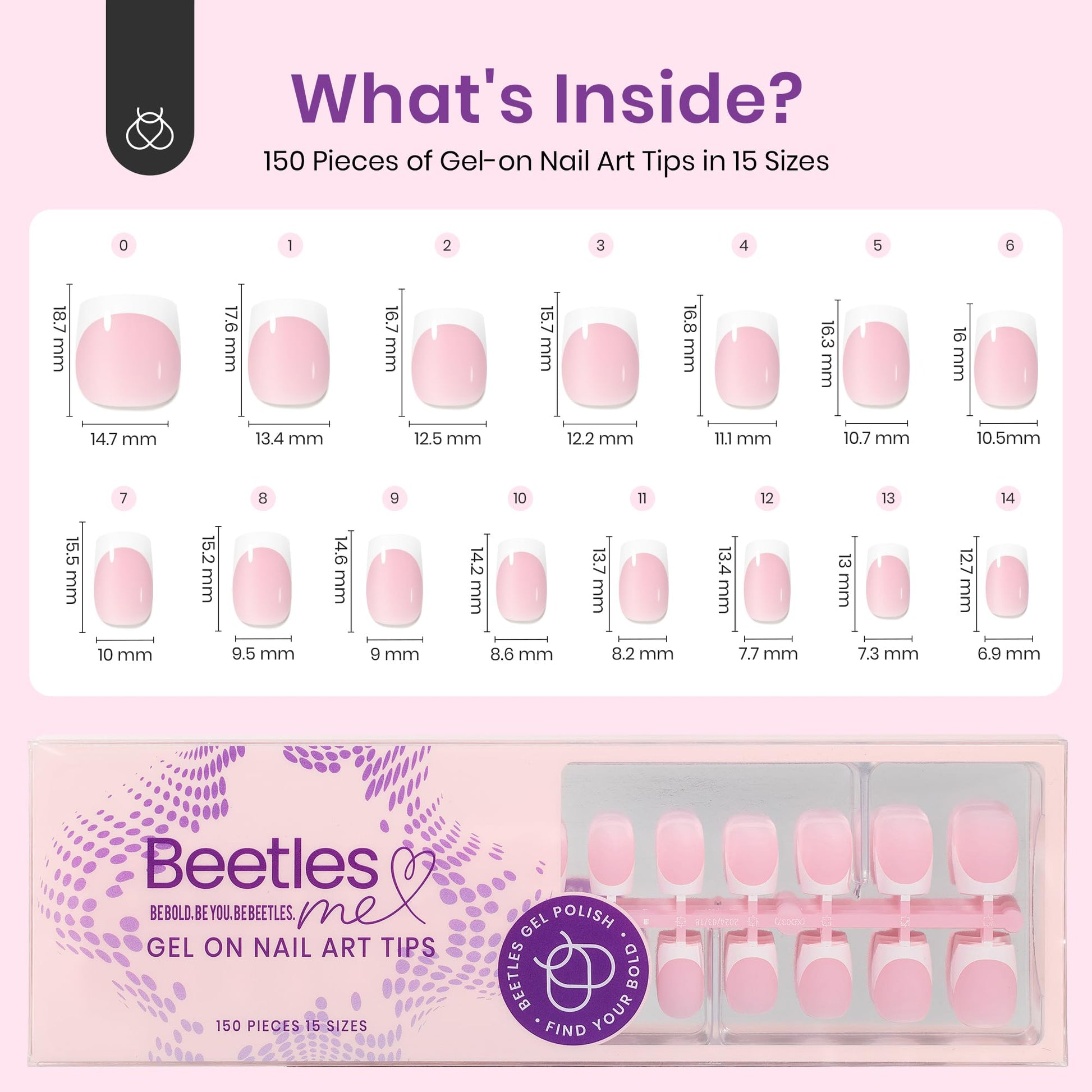 Español:Uñas francesas con punta a presión Beetles: 150 piezas de uñas cuadradas cortas rosas a presión 4 en 1, uñas de gel con punta de gel, imprimación y capa base preaplicadas, no necesita lima, manicura casera para extensiones de uñas y regalos de Año
