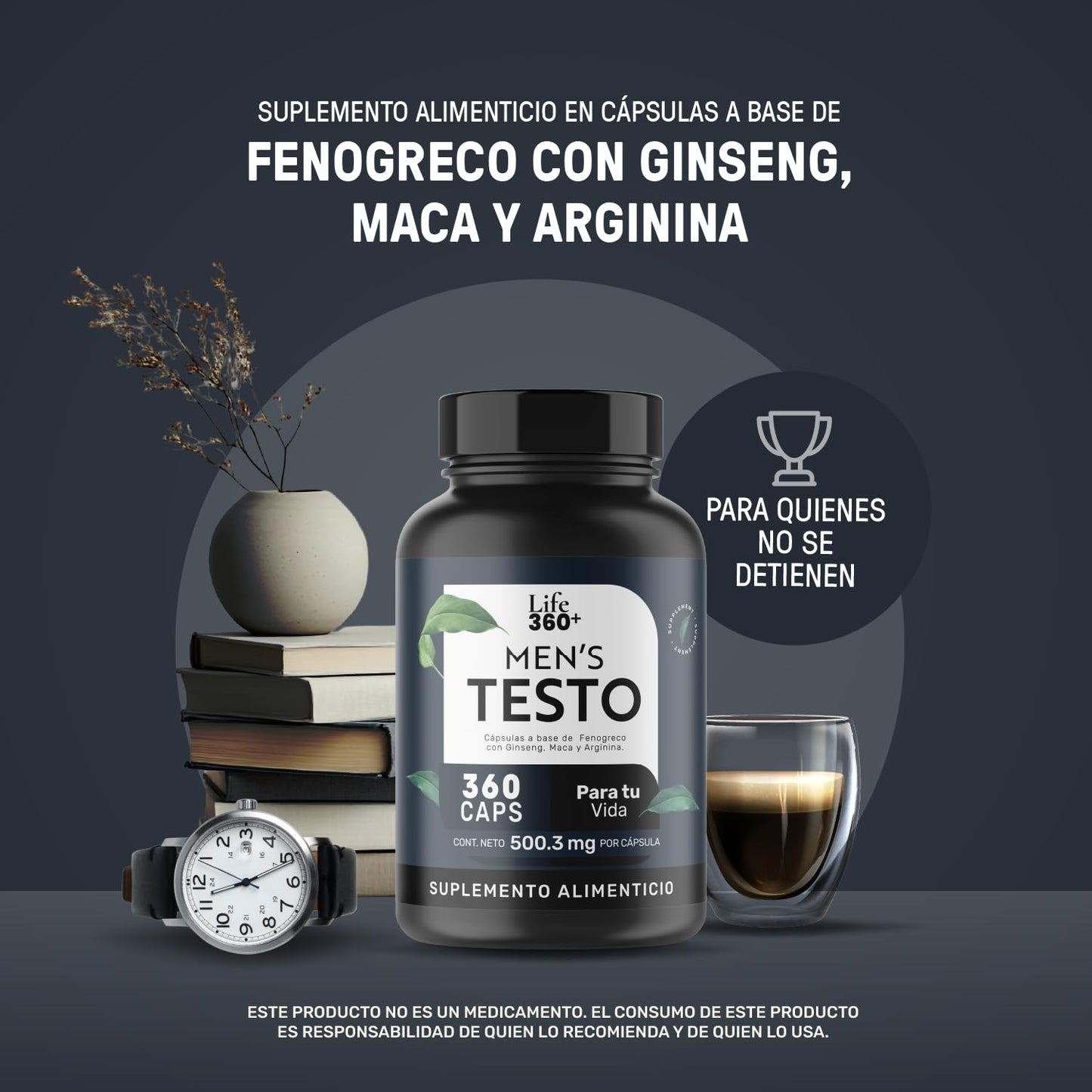 LIFE 360+ Mens Testo | 360 Cápsulas | Maca Negra, Maca Roja y Maca Amarilla, L-Arginina, Zinc, Vitamina D, Magnesio, Ginseng y Guarana | Suplemento Alimenticio | 360 Cápsulas por Envase