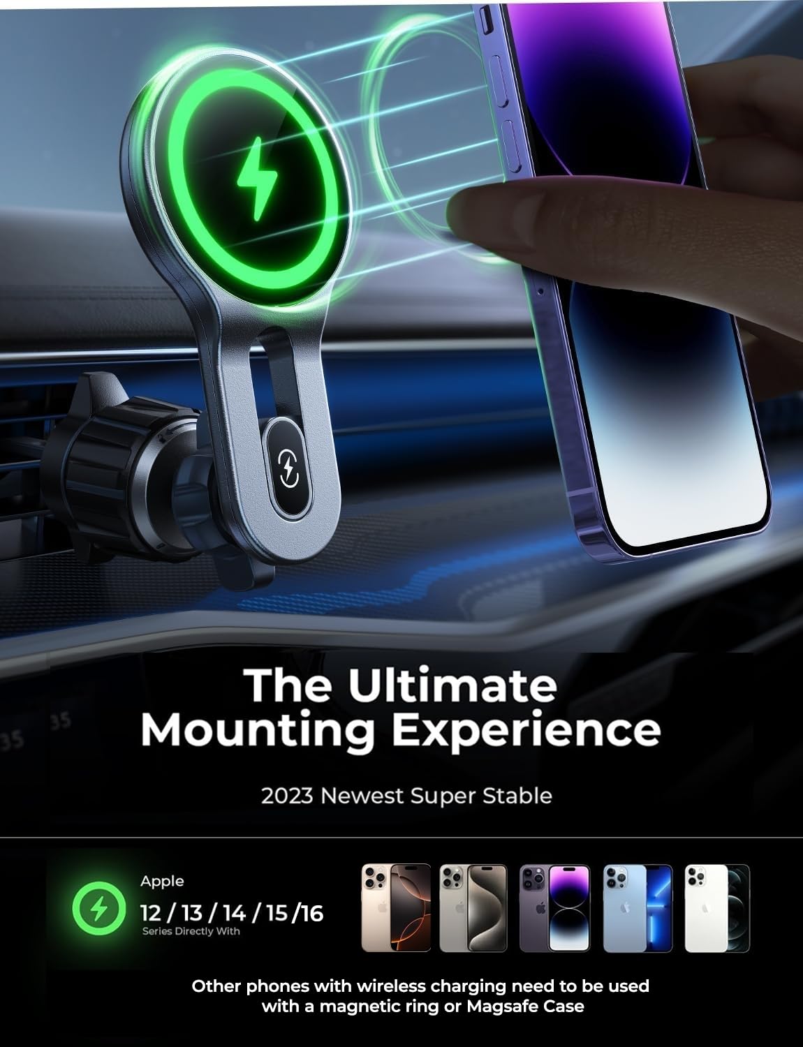 LISEN Soporte para Celular Automovil con Función de Carga 15W Cargador para Auto Inalámbrico, Soporte Magsafe Accesorios Compatible con iPhone 16/16 Pro/16 Pro Max/15/14/13 con Pantalla de Luz